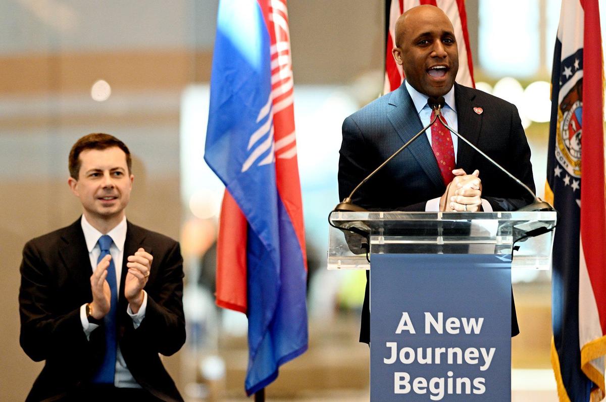Kansas City Mayor Quinton Lucas spoke Monday morning before a ribbon cutting ceremony to help celebrate the opening of the new terminal at KCI. The new terminal project broke ground in March 2019 and remains within its $1.5B budget and is on schedule for opening Tuesday, February 28. Monday marks the last day of operation of terminals B and C at the old facility. At left is United States Secretary of Transportation, Pete Buttigieg.