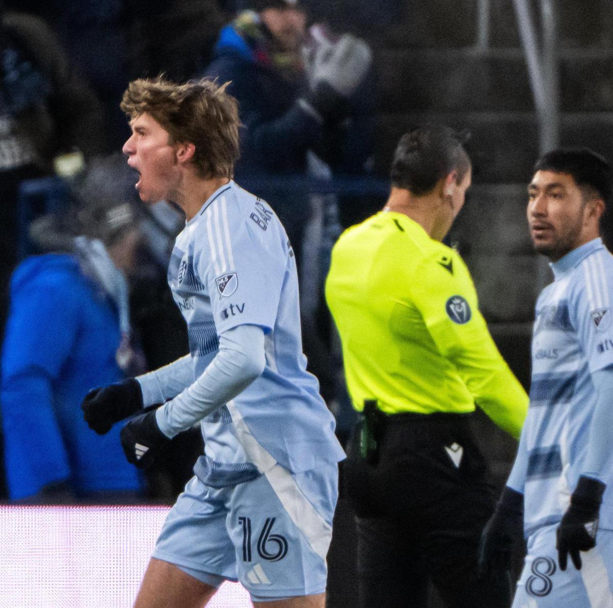 Sporting KC midfielder Jacob Bartlett yells after a free kick is awarded to his team during the first half of the Concacaf Champions Cup match of Sporting KC vs. Inter Miami CF on Wednesday, Feb. 19, 2025, at Sporting Park. The game was one of the coldest matches in MLS history.