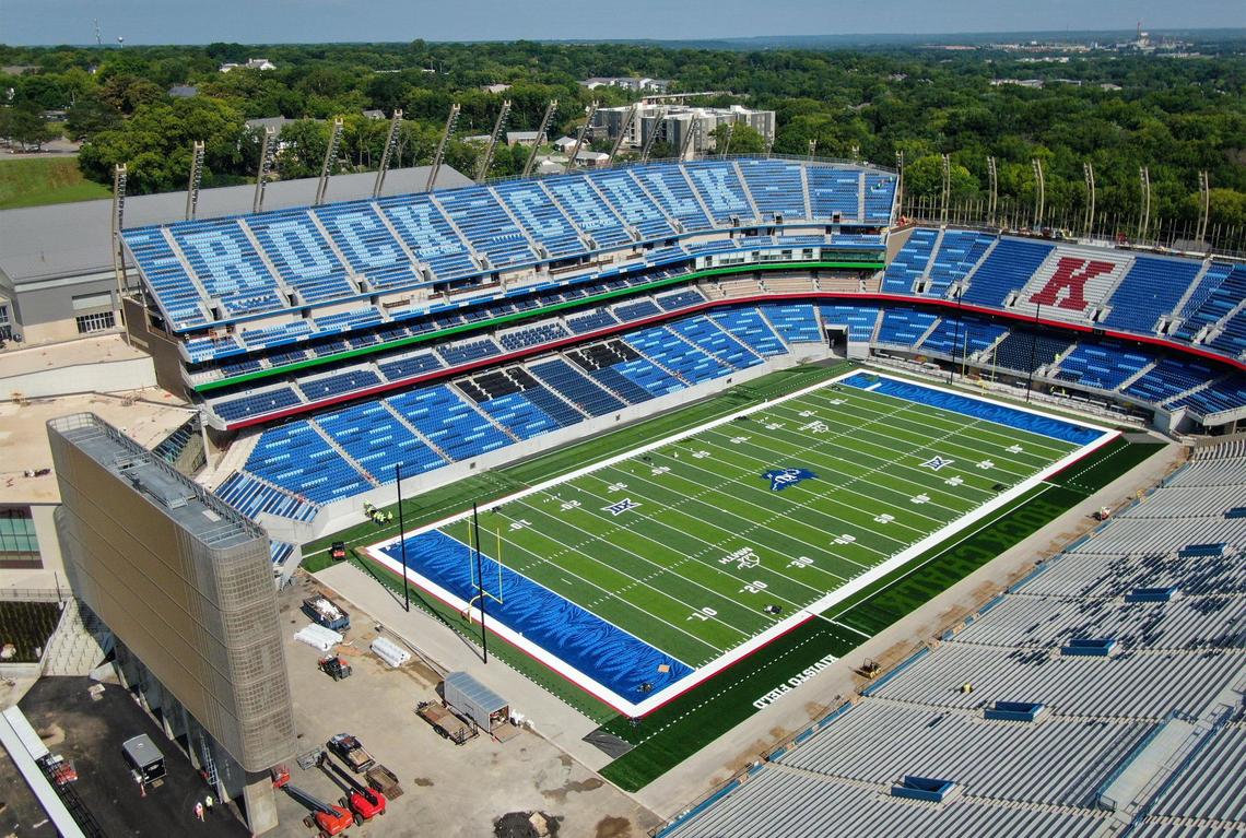 A giant “K” has been incorporated into the seating in the northern stands at David Booth Kansas Memorial Stadium.