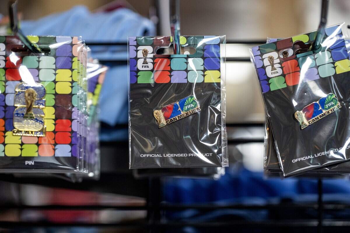 A FIFA World Cup pins are displayed for sale at Rally House inside Union Station on Tuesday, June 9, 2026, in Kansas City.