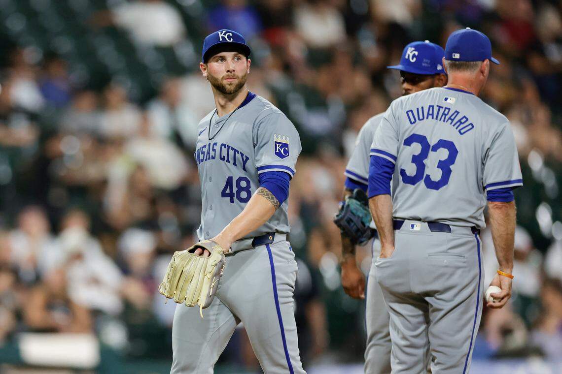 Kansas City Royals starting pitcher Alec Marsh exited Monday night’s game against the Chicago White Sox during the fifth inning at Guaranteed Rate Field.