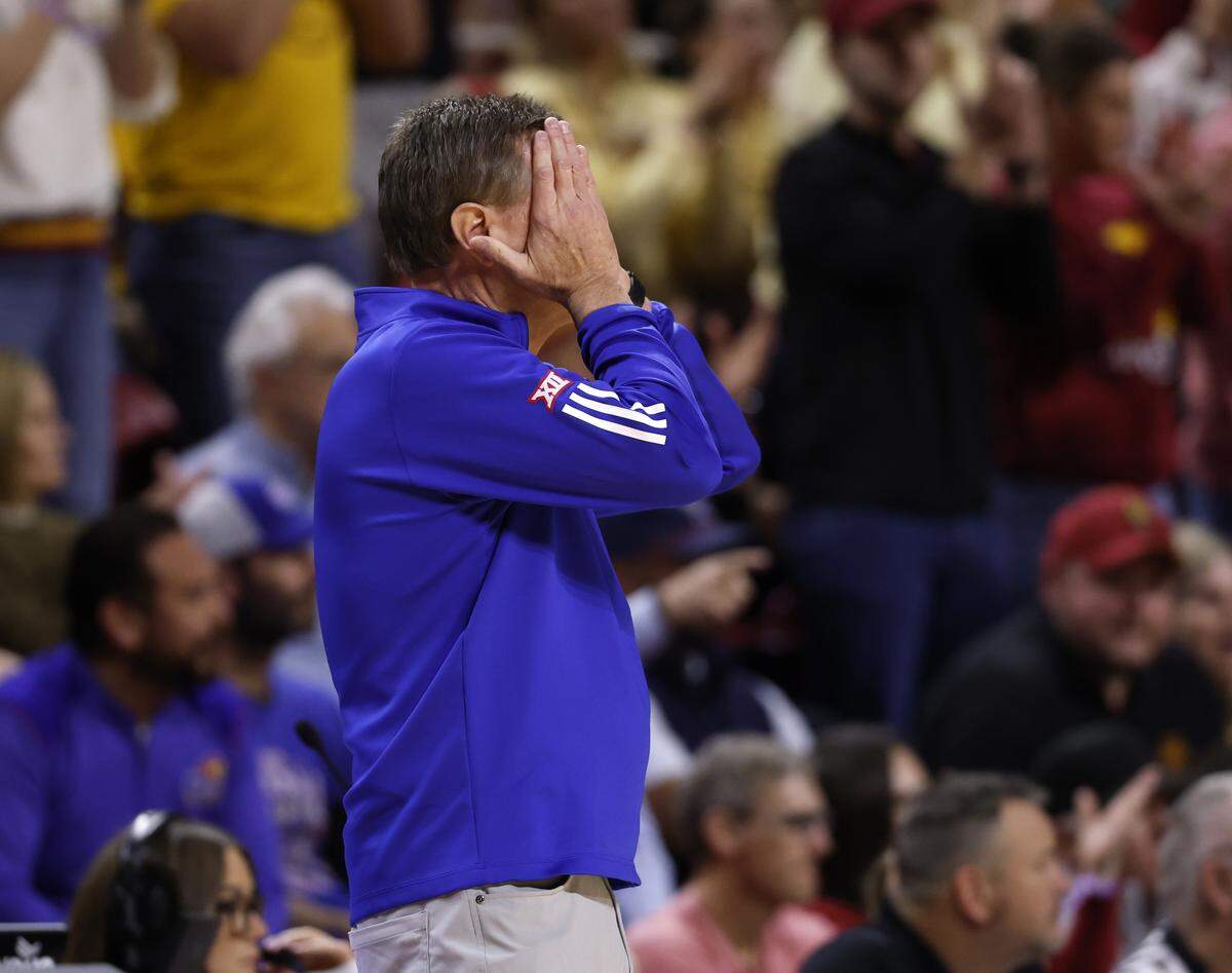 Head coach Bill Self of the Kansas Jayhawks reacts to a call from an offical in the first half of play against the Iowa State Cyclones at Hilton Coliseum on February 14, 2026 in Ames, Iowa.
