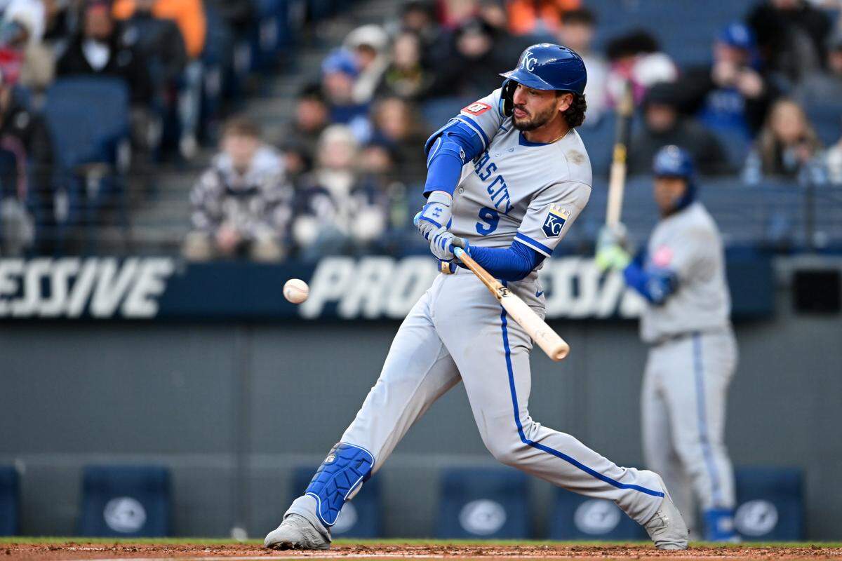 Royals first baseman Vinnie Pasquantino hits a solo home run against the Guardians during a game at Progressive Field in Cleveland on April 12, 2025.