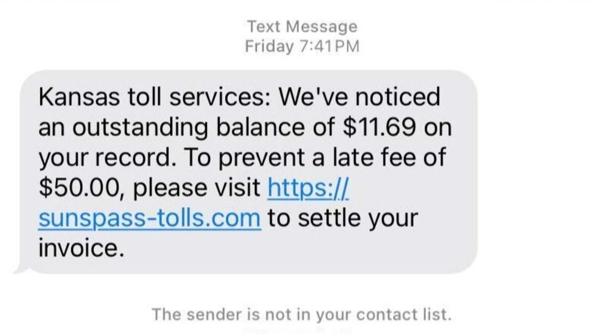 A Kansas resident received a text from someone claiming to be Kansas toll services, asking for payment on an outstanding balance.