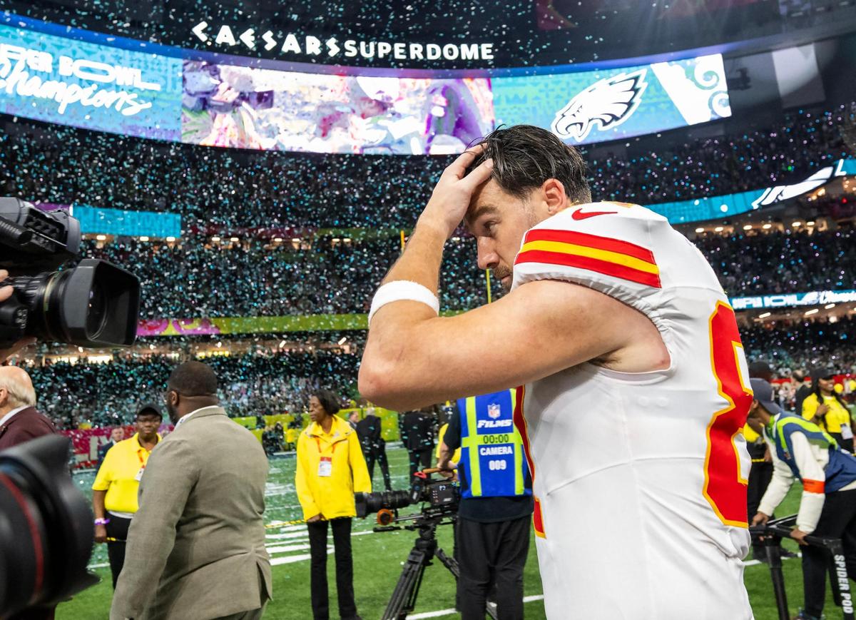 Kansas City Chiefs tight end Travis Kelce (87) walks off the field after the Chiefs lost to the Philadelphia&nbsp;Eagles, 40-22, in Super Bowl LIX on Sunday, Feb. 9, 2025, in New Orleans.