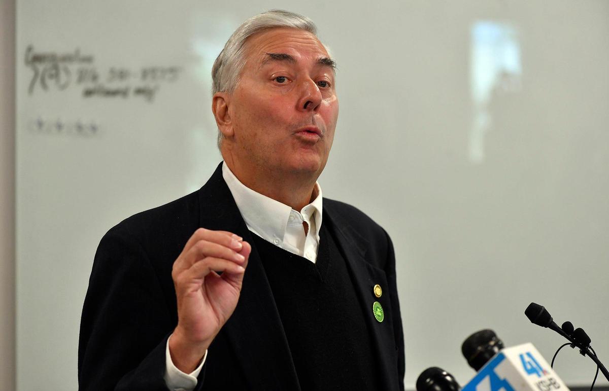 Independence Mayor Rory Rowland spoke Tuesday during a press conference in Independence about the findings of an investigation into police officers working overtime on construction projects for the city.