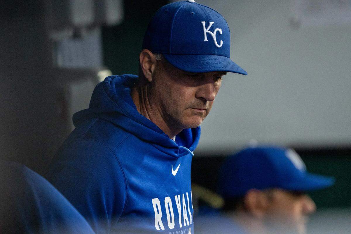 Kansas City Royals manager Matt Quatraro watches from the dugout during a game against the Boston Red Sox on Wednesday, May 20, 2026, at Kauffman Stadium.