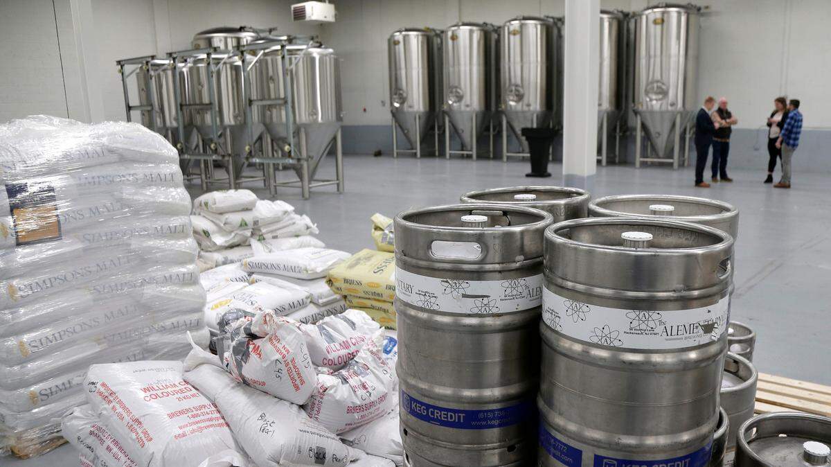 New brewing equipment, rear, sits idle in a warehouse used by the Alementary Brewing Co. in Hackensack, N.J.