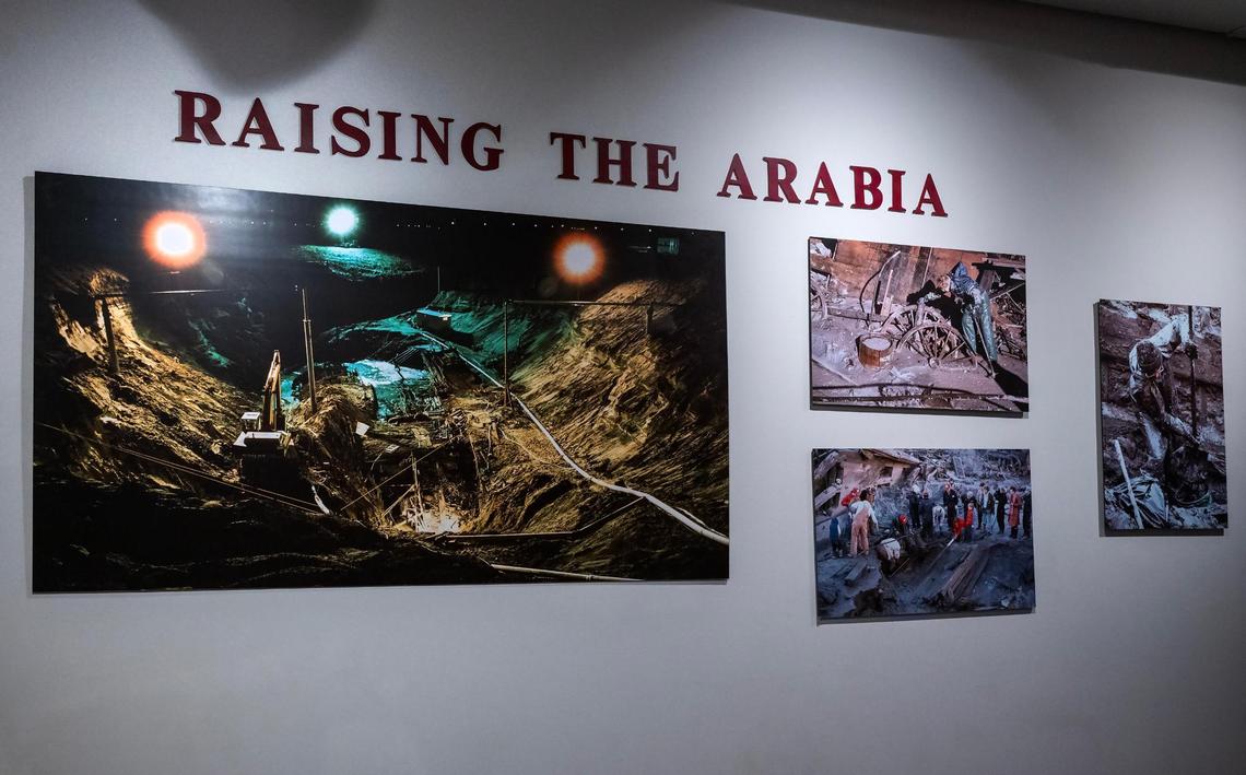 The Arabia Steamboat Museum features photographs documenting of the raising of the steamboat Arabia in 1988. The vessel sank in 1856 after encountering a snag in the Missouri River, just west of Kansas City.