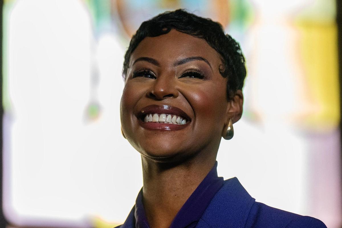 Melesa Johnson smiles as she prepares to be sworn in as Jackson County Prosecutor, becoming the first Black person to hold the office, on Friday, Jan. 3, 2025, in the Historic Brady Courtroom at the Truman Courthouse in Independence.