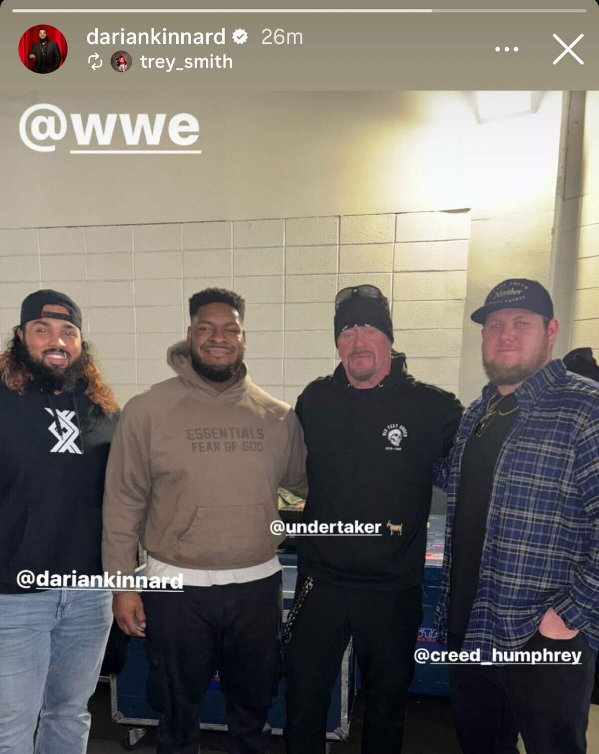 Chiefs offensive linemen Darian Kinnard, Trey Smith and Creed Humphrey met WWE star The Undertaker.