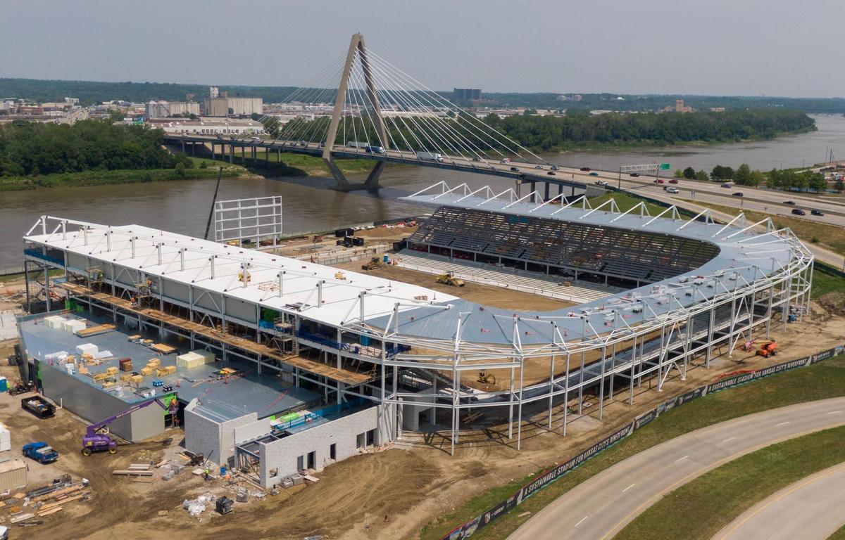 The new, $117 million stadium for the Kansas City Current, is under construction where work was ongoing Monday, July 17, 2023, at Berkely Riverfront Park in Kansas City. The stadium plans to be completed in time for the Current’s NWSL home opener next spring.