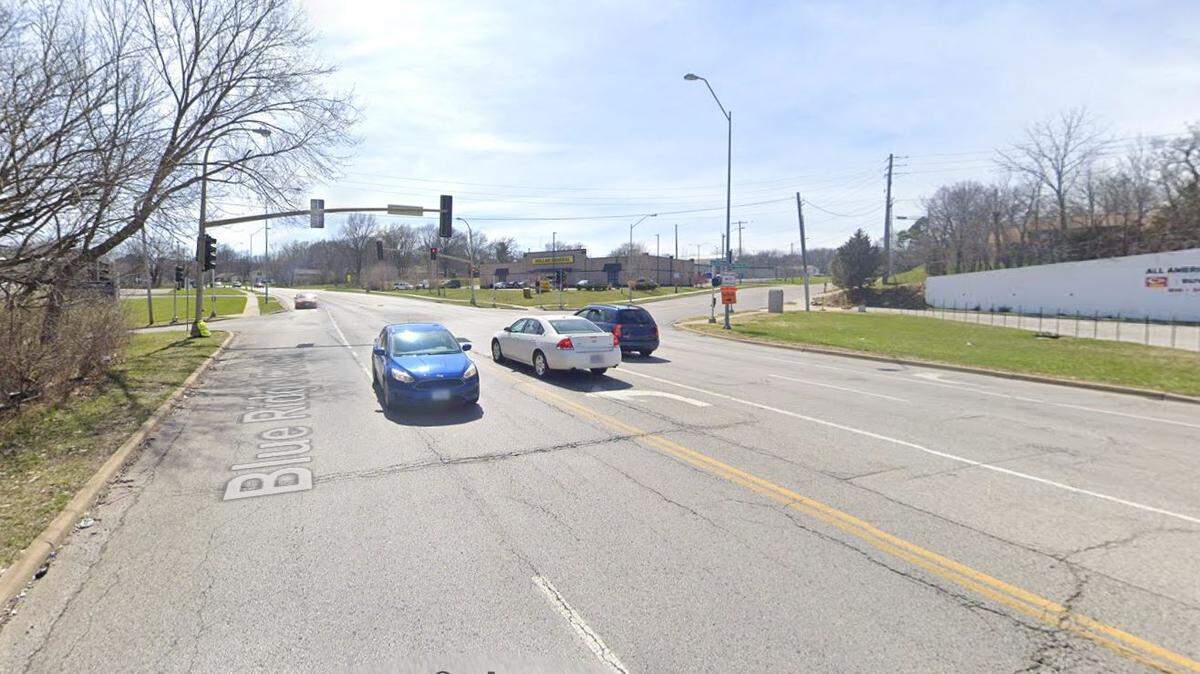 A rider was critically injured when he was thrown from a moped after being rear ended by a Ford Mustang about 6:30 a.m. Tuesday at Blue Ridge Cut-off and Sni-A-Bar Road in Kansas City. The moped became lodged under the Mustang and its driver continue south on Blue Ridge Cut-off for a block before it became freed. This Google Maps Street View Image of the area is from 2022.