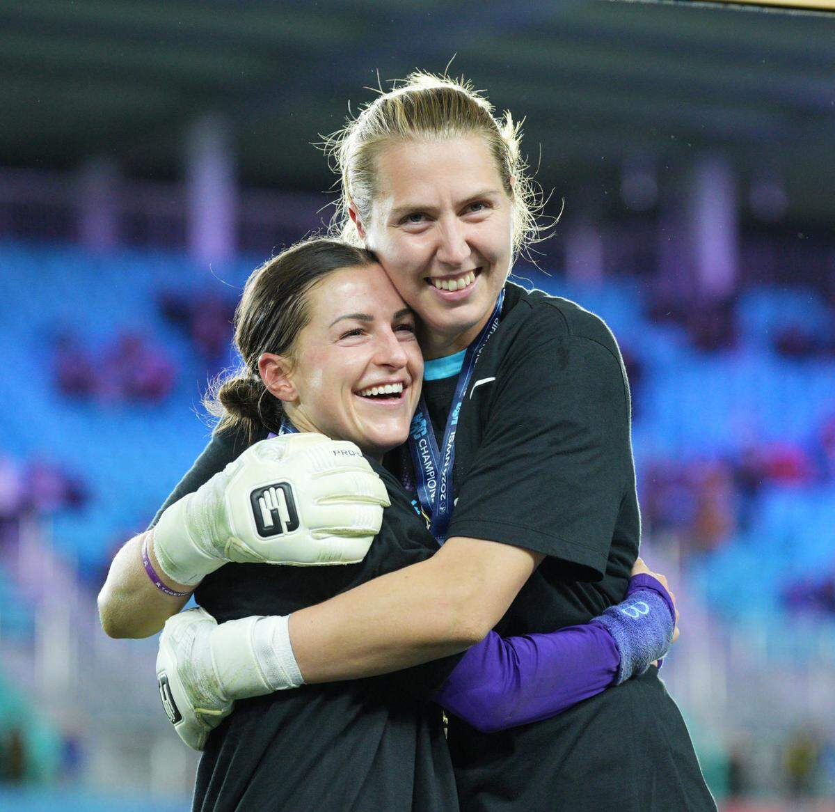 Orlando Pride players Haley McCutcheon and Anna Moorhouse celebrate defeating the Washington Spirit in the 2024 NWSL Championship match at CPKC Stadium on Nov. 23, 2024.