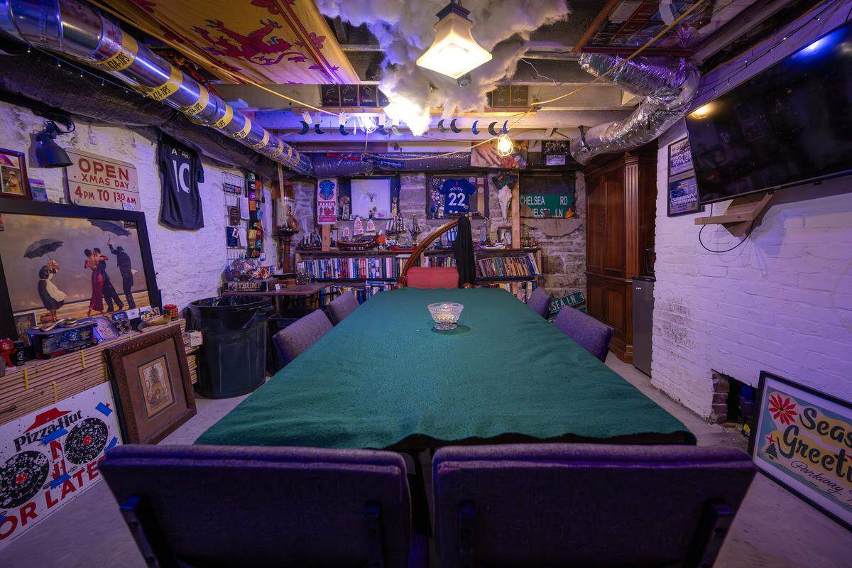 A basement game room is seen at the Bezanson family home on Wednesday, April 8, 2026, in Kansas City.