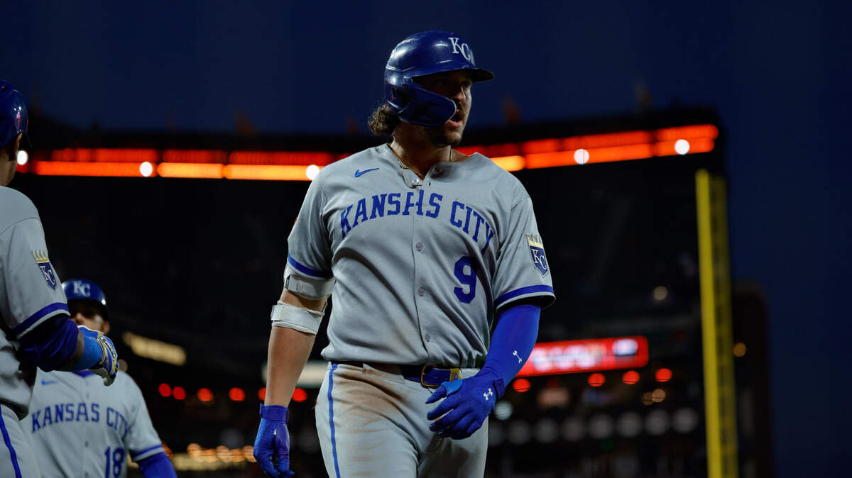 Kansas City Royals first baseman Vinnie Pasquantino returns to the dugout after hitting a two-run home run during the eighth inning against the San Francisco Giants at Oracle Park.