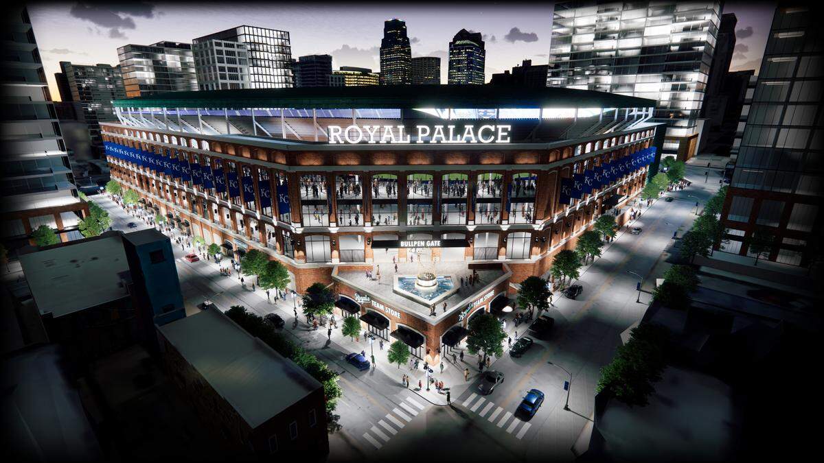 A downtown stadium concept for the Kansas City Royals designed by Mammoth Sports Construction has the stadium at the site of the former Kansas City Star press pavilion on McGee Street. In this concept, a portion of the stadium would span I-670. This view is looking northwest.