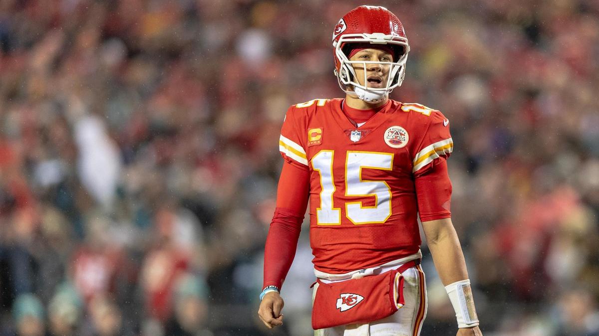 Kansas City Chiefs quarterback Patrick Mahomes (15) walks on the field during an NFL divisional round playoff game against the Jacksonville Jaguars at GEHA Field at Arrowhead Stadium on Saturday, Jan. 21, 2023, in Kansas City.