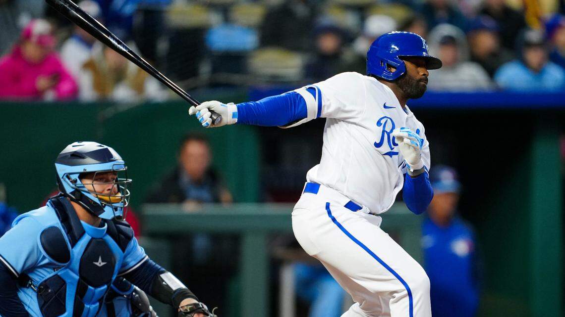 Kansas City Royals center fielder Jackie Bradley Jr. (41) hits a single during the fifth inning against the Toronto Blue Jays at Kauffman Stadium. It was one of two hits for the Royals on Wednesday.
