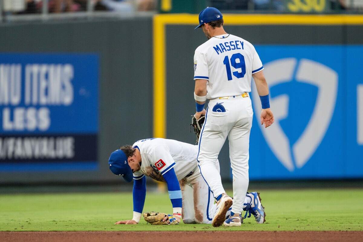 Royals shortstop Bobby Witt Jr. was on the ground after hurting himself while fielding a St. Louis Cardinals grounder during the fourth inning of a game at Kauffman Stadium in Kansas City on Thursday, June 18, 2026.
