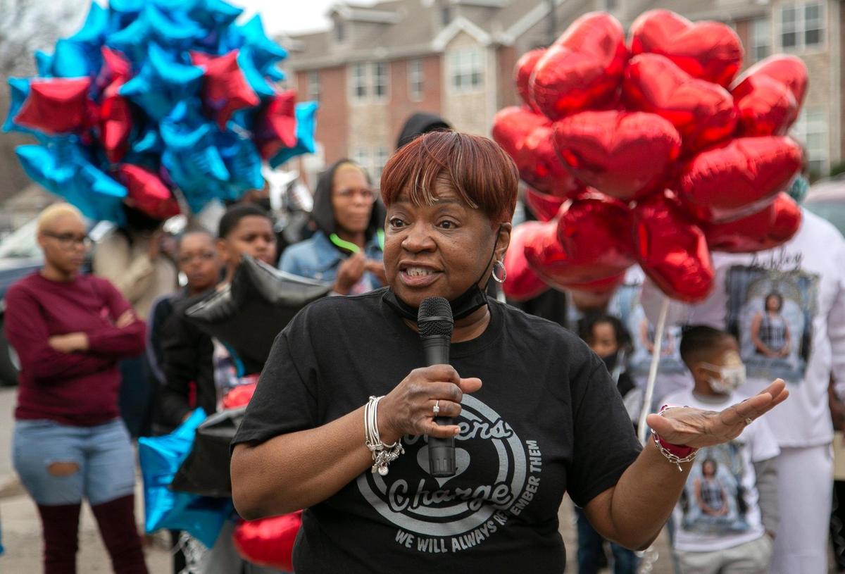 Rosilyn Temple, founder of KC Mothers in Charge spoke during a prayer vigil Friday, March 4, for the double homicide of, Ashley Pettiford, 31, and Jermaine Jackson, 34, who were killed Feb. 22, 2022, while sitting in a car at Linwood and Agnes in Kansas City, Mo.