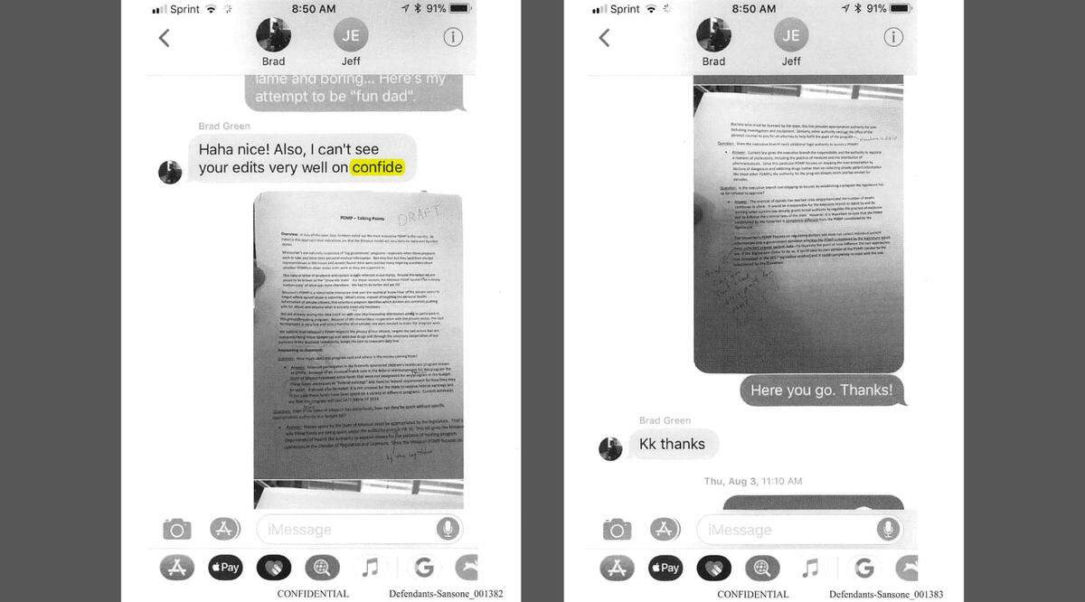 A text conversation last year between Greitens staff members began with one saying he “can’t see your edits very well on Confide.” They were working on talking points for a proposed prescription drug monitoring program.