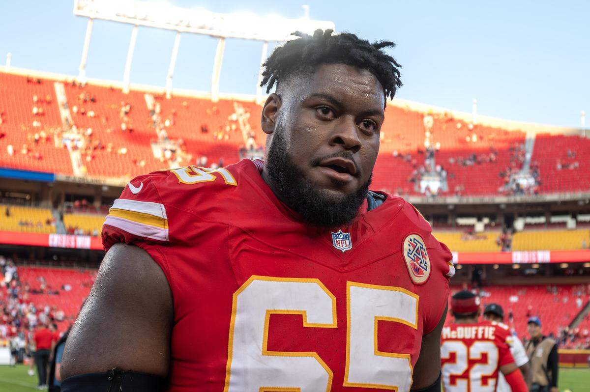Chiefs offensive lineman Trey Smith walks off the field after KC’s 37-20 win over the Baltimore Ravens in an NFL game on Sunday, Sept. 28, 2025, at GEHA Field at Arrowhead Stadium in Kansas City.