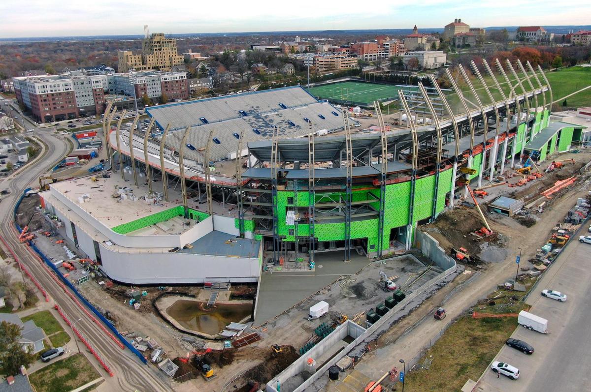Renovations at David Booth Memorial Stadium in Lawrence are progressing on Friday, Nov. 22, 2024, as part of a $450 million project. The first phase, targeting the north and west sides which are seen here, includes elevated seating, closer premium seating, and a new conference center​