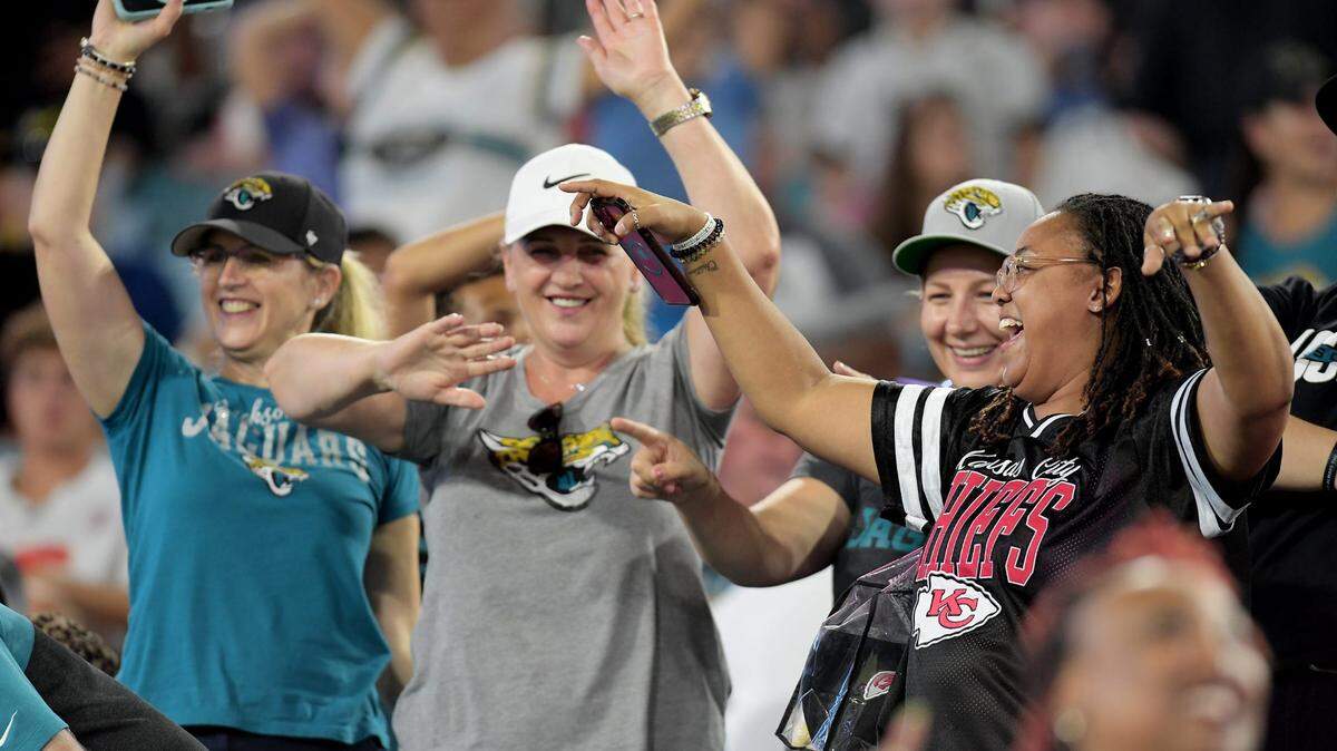 Jaguars and Chiefs fans dance together in the stands during Saturday’s game. The Jaguars came away with a 26-13 victory over the Kansas City Chiefs. The Jacksonville Jaguars hosted the Kansas City Chiefs in the Jaguars first preseason game of the season Saturday, August 10, 2024 at EverBank Stadium in Jacksonville, Florida.