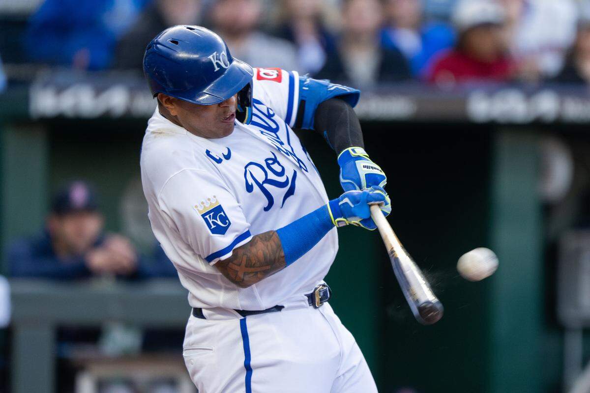 Kansas City Royals team captain Salvador Perez hits a home run against the Boston Red Sox on Wednesday, May 20, 2026, at Kauffman Stadium.