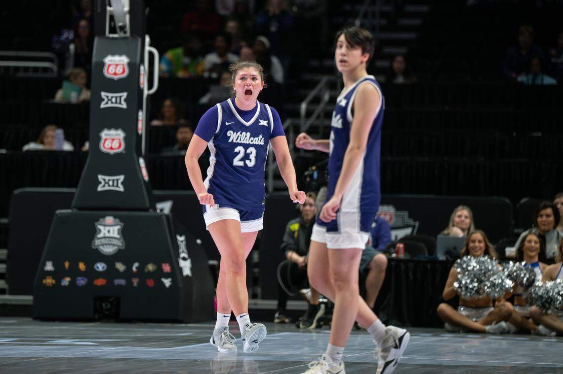 Kansas State Wildcats Jordan Speiser (23) celebrates a basket against TCU during the Big 12 Women’s Basketball Tournament semifinals at Kansas City’s T-Mobile Center on Saturday, March 7, 2026.