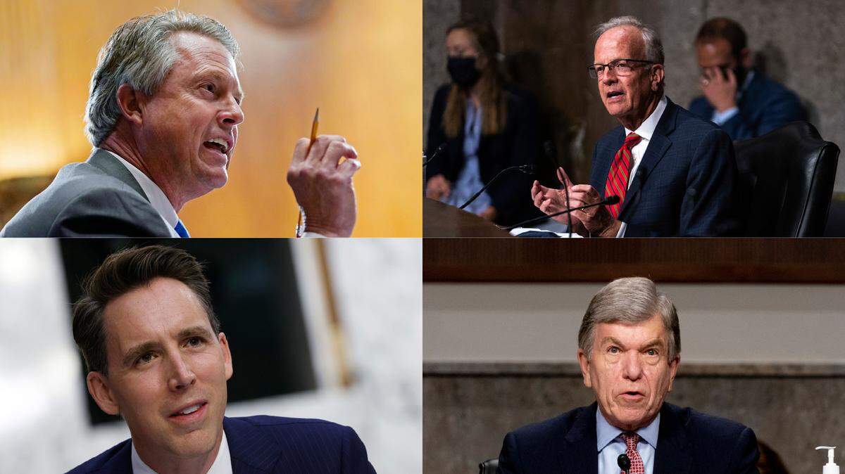 Kansas Sens. Roger Marshall, top left, and Jerry Moran, top right, and Missouri Sens. Josh Hawley, bottom left, and Roy Blunt, bottom right.