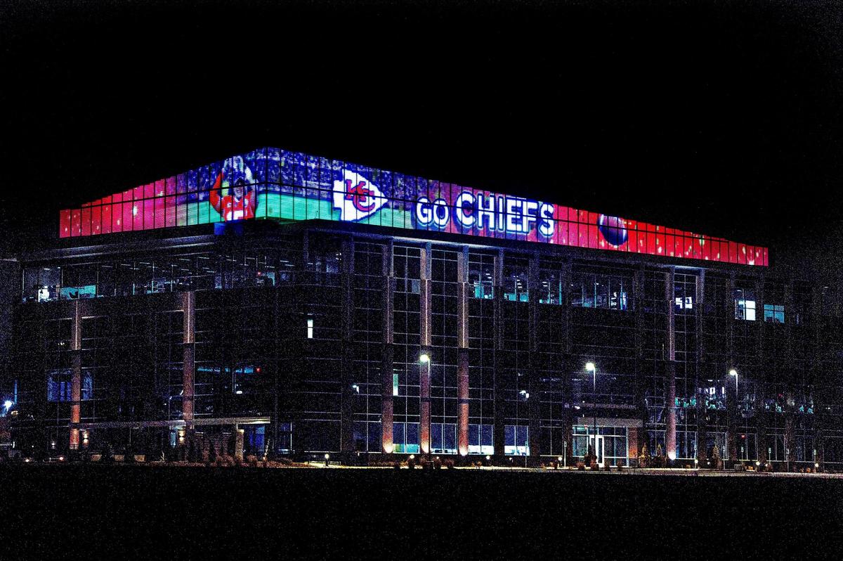 A tribute to the Kansas City Chiefs was part of the animated light display atop the buildings at City Place in Overland Park.