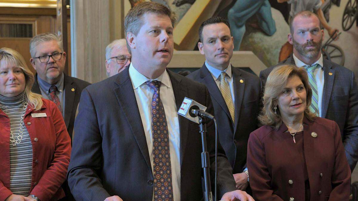 Missouri House Speaker Dean Plocher, a St. Louis Republican, speaks with reporters at a news conference in March 2023.