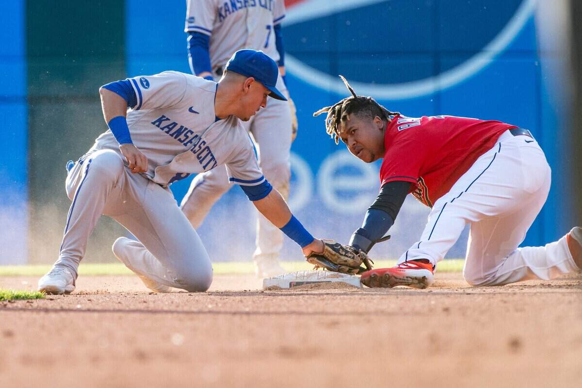 Cleveland’s Jose Ramirez steals second base during Tuesday’s game between the Guardians and Royals in Cleveland. The Royals were swept in the series.