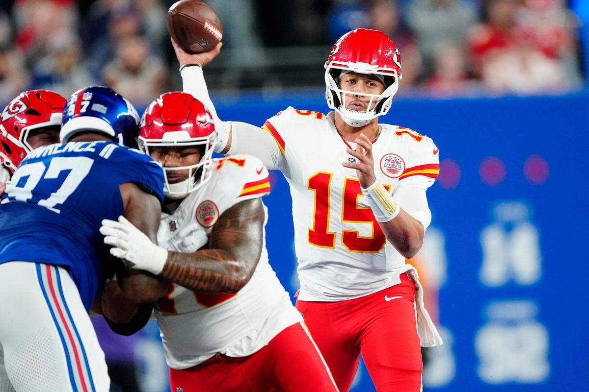 Kansas City Chiefs quarterback Patrick Mahomes throws during a Sunday, Sept. 21, 2025 NFL Week 3 game against the New York Giants at MetLife Stadium in East Rutherford, New Jersey.