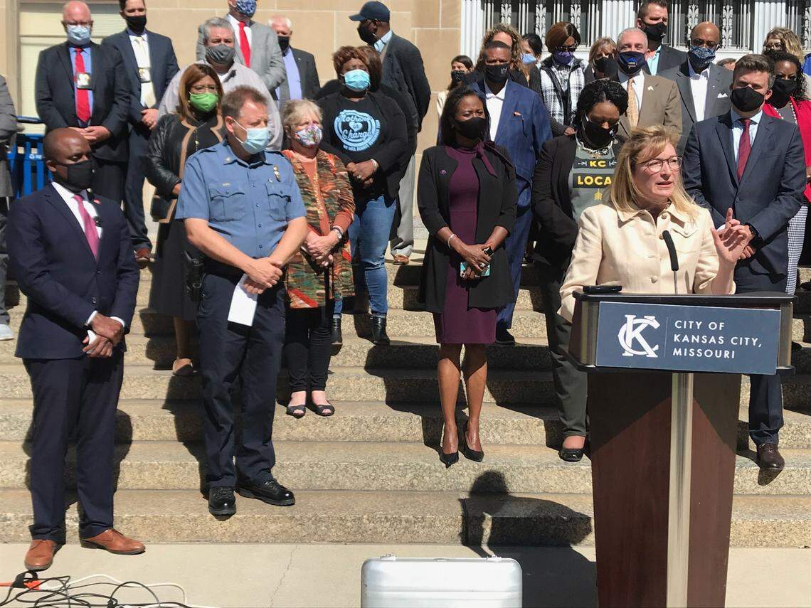 Jackson County Prosecutor Jean Peters Baker spoke alongside Kansas City Mayor Quinton Lucas and other local leaders in the announcement of a collaborative anti-crime plan on Wednesday, Sept. 30, 2020.