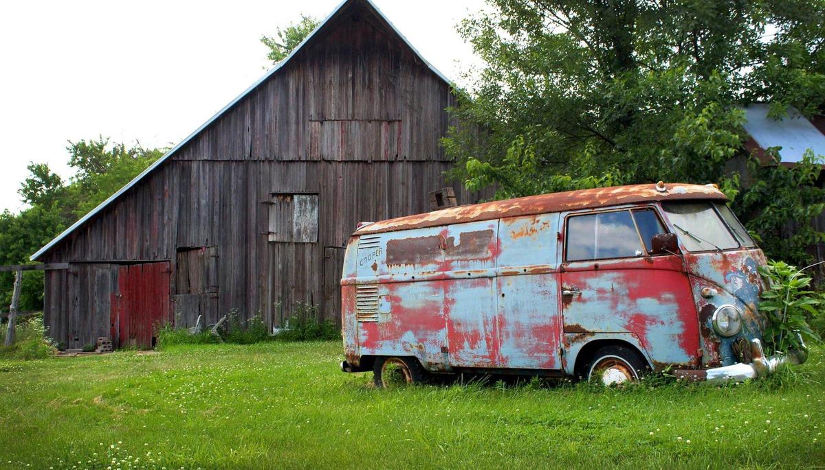 The 1957 VW panel bus as it sat the night Josh Hunter first saw it while driving down a rural stretch of blacktop near his home in Stover, Missouri.