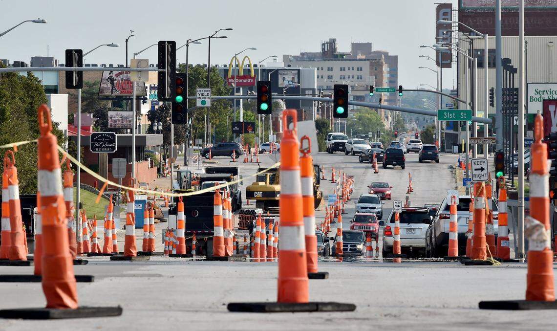 Construction cones can be seen along the streetcar expansion project along Main Street in this photo from September 2021.