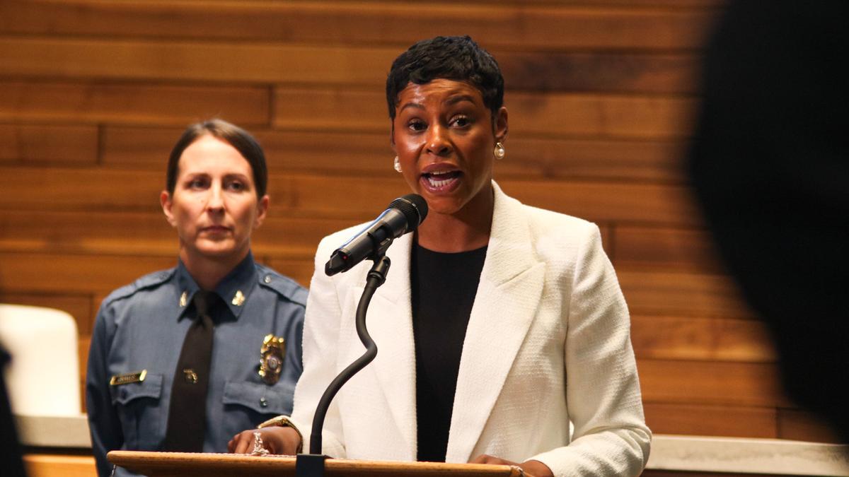 Jackson County Prosecutor Melesa Johnson shares the successes and shortcomings of one year of the Save KC program at a news conference on April 4, 2025. The program is comprised of the prosecutor’s office, police and community stakeholders identifying at-risk individuals and helping connect them with resources to stay away from criminal activity.
