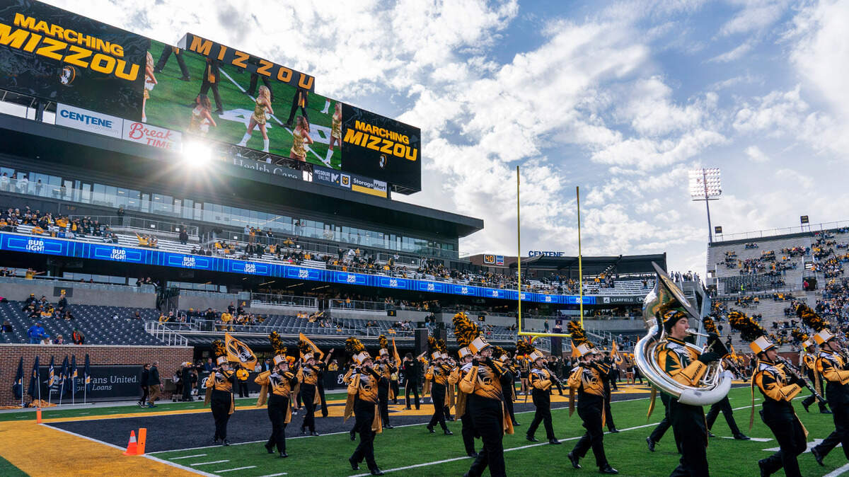 Marching Mizzou performs before the start of an NCAA college football game against Florida Saturday, Nov. 20, 2021, in Columbia, Mo. Missouri won 24-23. (AP Photo/L.G. Patterson)