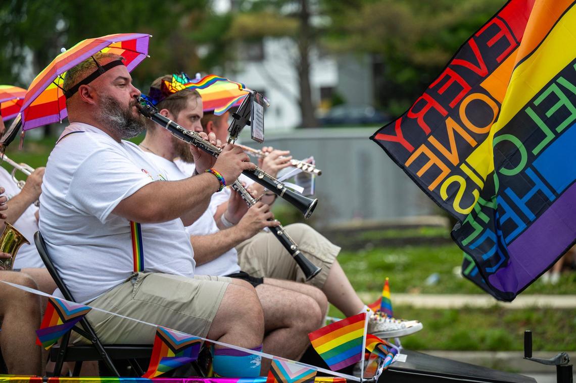 Austin Rexroad and other members of the Fortissimo KC Loud & Proud Band played as they road their float during the KC Pride Parade.