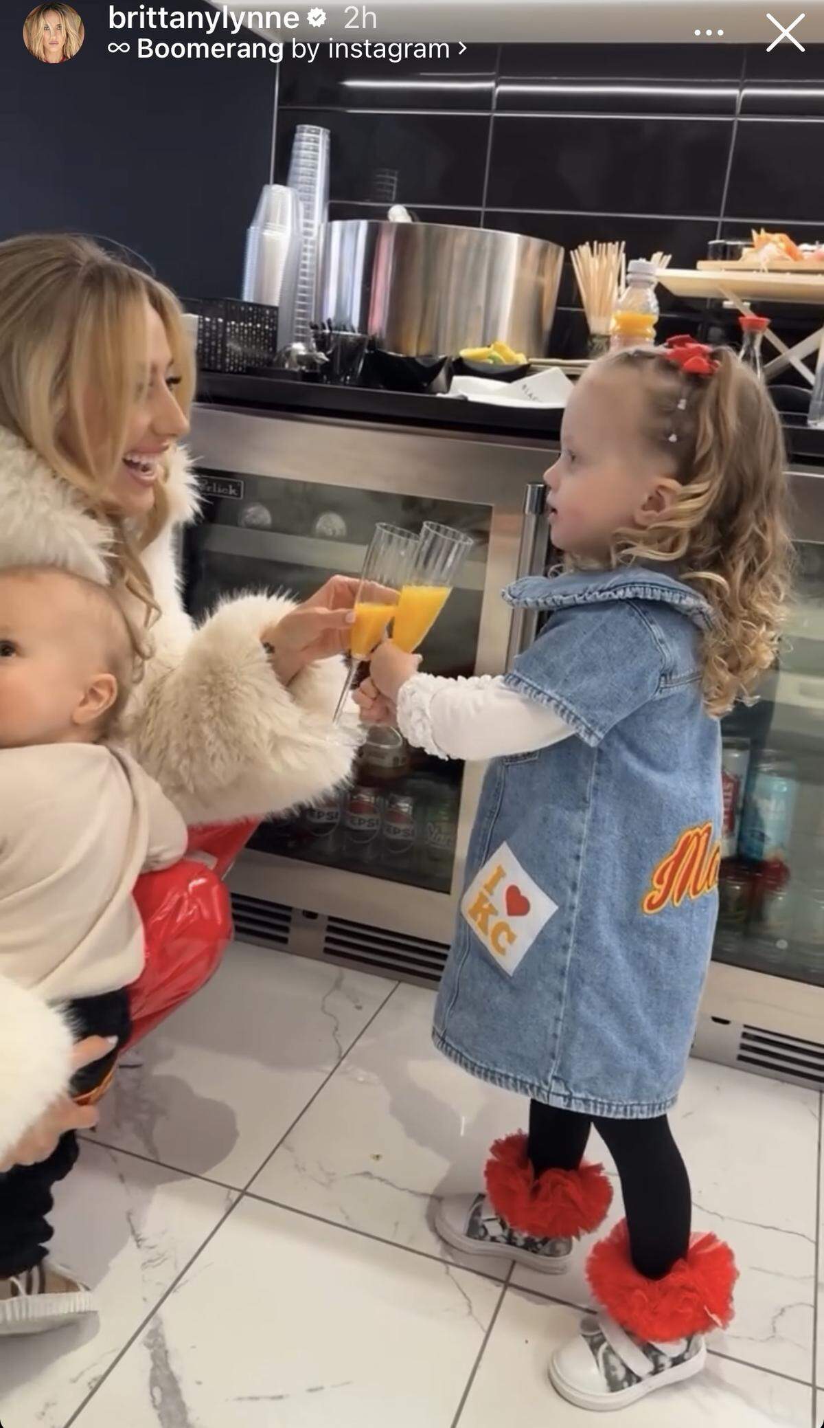 Brittany Mahomes and her children, Bronze and Sterling, at the Super Bowl.