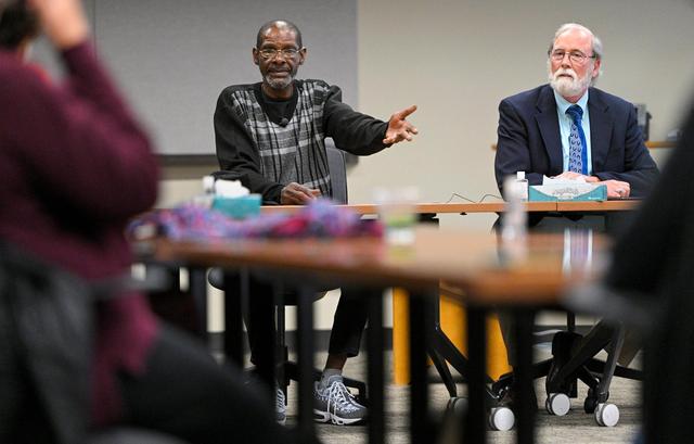 Joe Amrine and law professor Sean O’Brien spoke at a continuing education course at the University of Missouri - Kansas City Thursday, Oct. 21, 2021. Unable to qualify for assistance, one of the ways Amrine has received income since his exoneration and release from prison in 2003 was through speaking engagements. Amrine spent 17 years on death row. O’Brien was his lawyer.