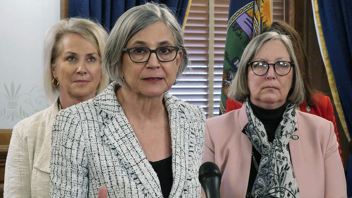 Kansas Senate President Susan Wagle, R-Wichita, defends a proposed amendment to the state constitution on abortion as other anti-abortion lawmakers and activists watch during a news conference, Thursday, Jan. 30, 2020, at the Statehouse in Topeka, Kan. The amendment would overturn a Kansas Supreme Court decision declaring access to abortion a “fundamental” right, and Wagle says it’s necessary to preserve reasonable regulations. (AP Photo/John Hanna)