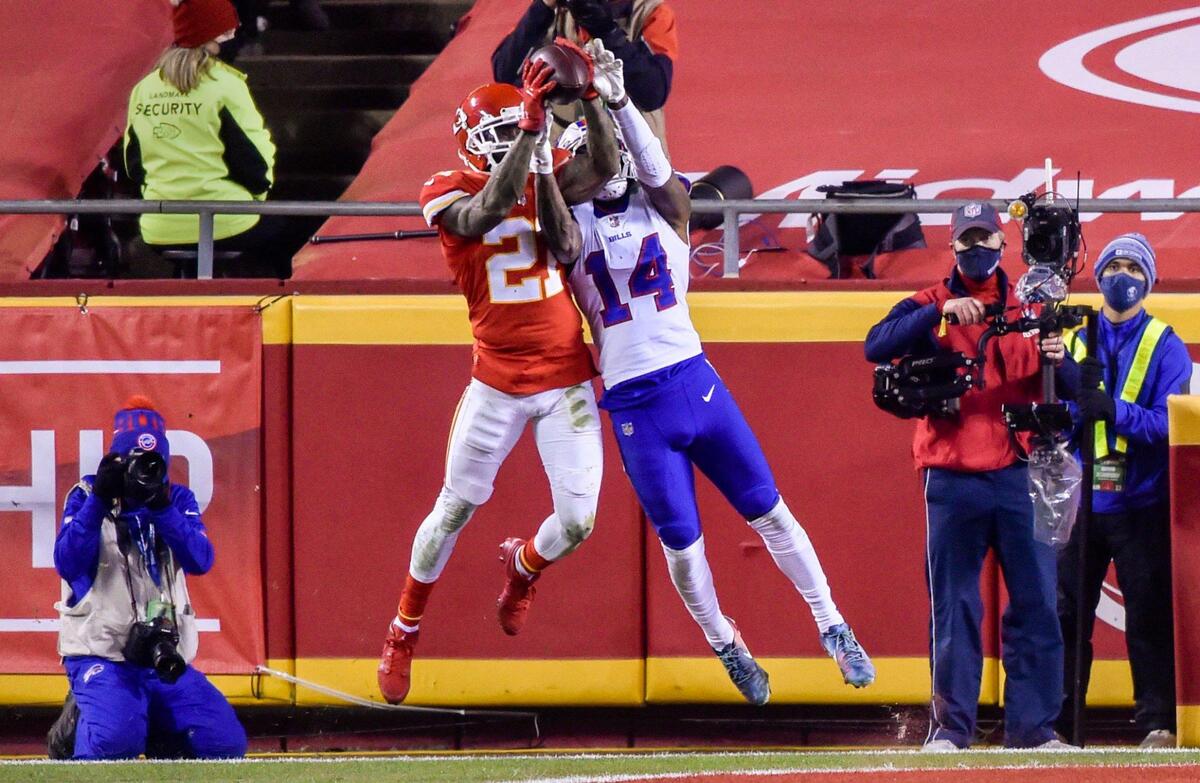 Kansas City Chiefs cornerback Bashaud Breeland intercepts a 2-point conversion pass play intended for Buffalo Bills wide receiver Stefon Diggs in the fourth quarter of the AFC Championship Game between the Chiefs and the Buffalo Bills Sunday Jan. 24, 2021. The Chiefs defeated the Bills 38-24 and will return to the Super Bowl.