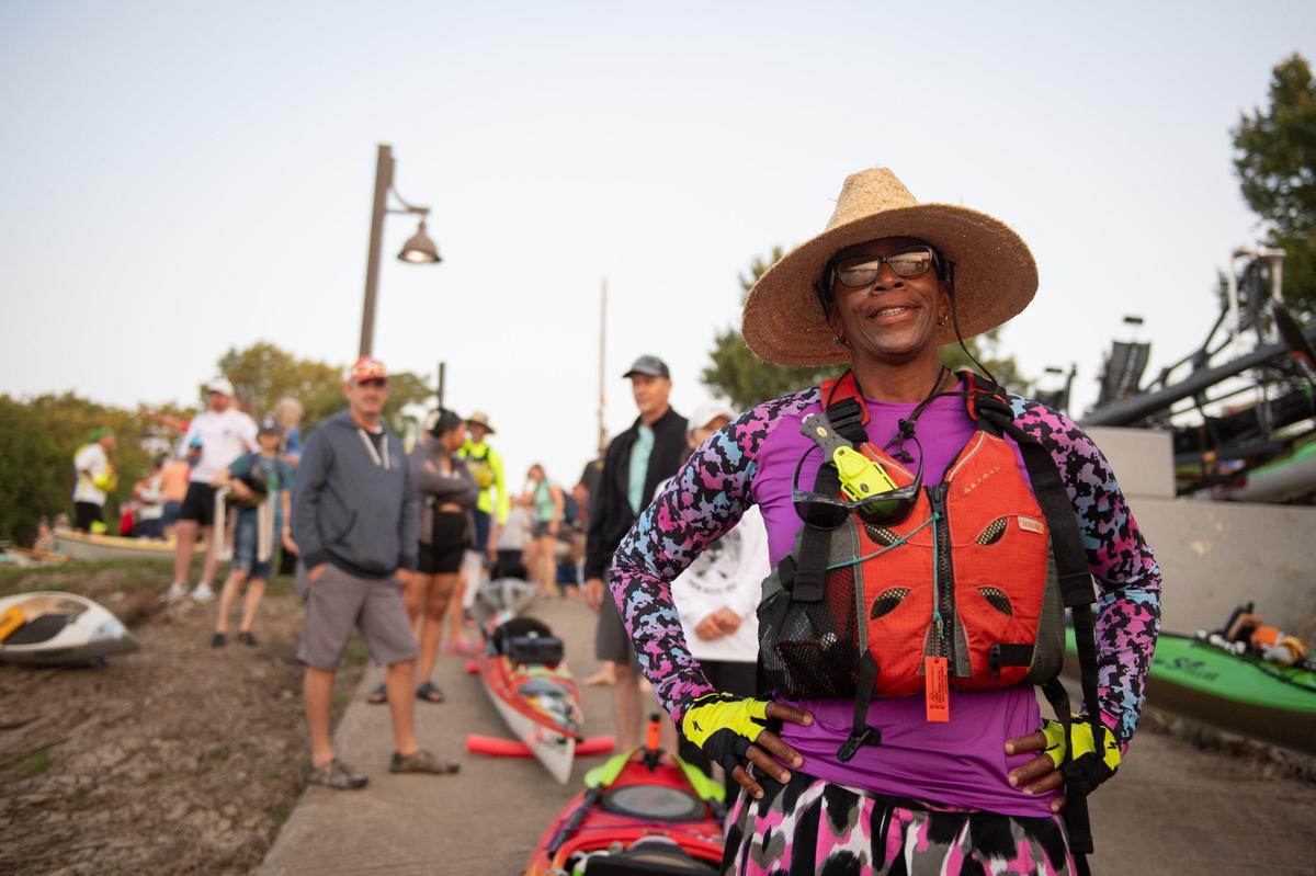 Paula Northern looks toward the Missouri River, as she prepares to embark on her first MR340 river race.