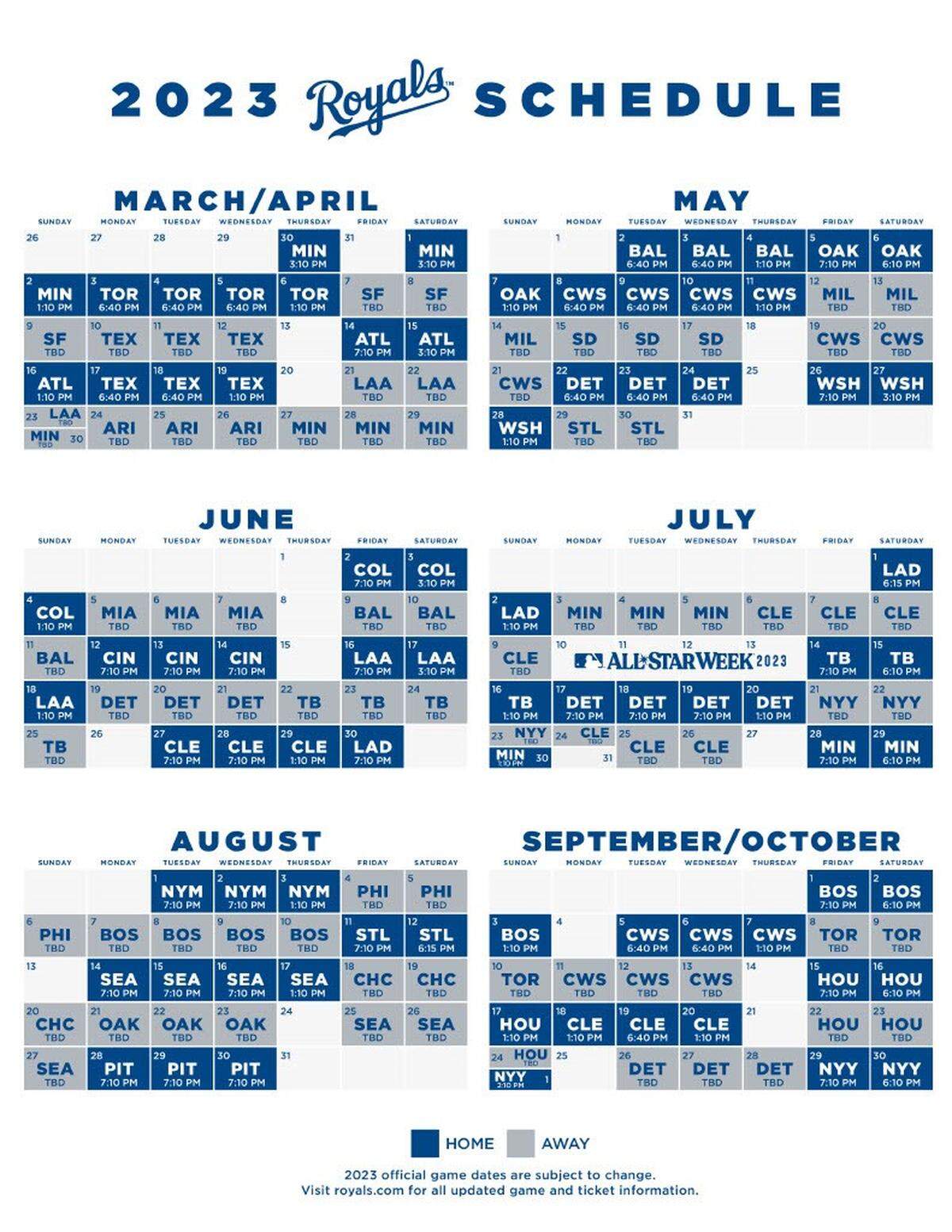 Game times for all 81 Royals home contests.