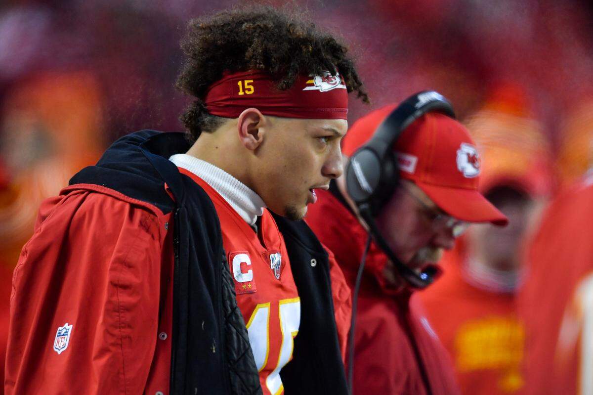 Kansas City Chiefs quarterback Patrick Mahomes and head coach Andy Reid waited out the final minutes of the game while the Chiefs took on the Houston Texans Sunday, January 12, 2020, at Arrowhead Stadium in Kansas City, Missouri.