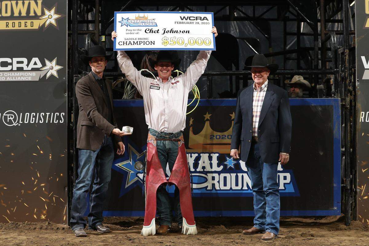 Wyoming’s Chet Johnson earned the big check in saddle bronc during Friday night’s Royal City Roundup at Sprint Center.